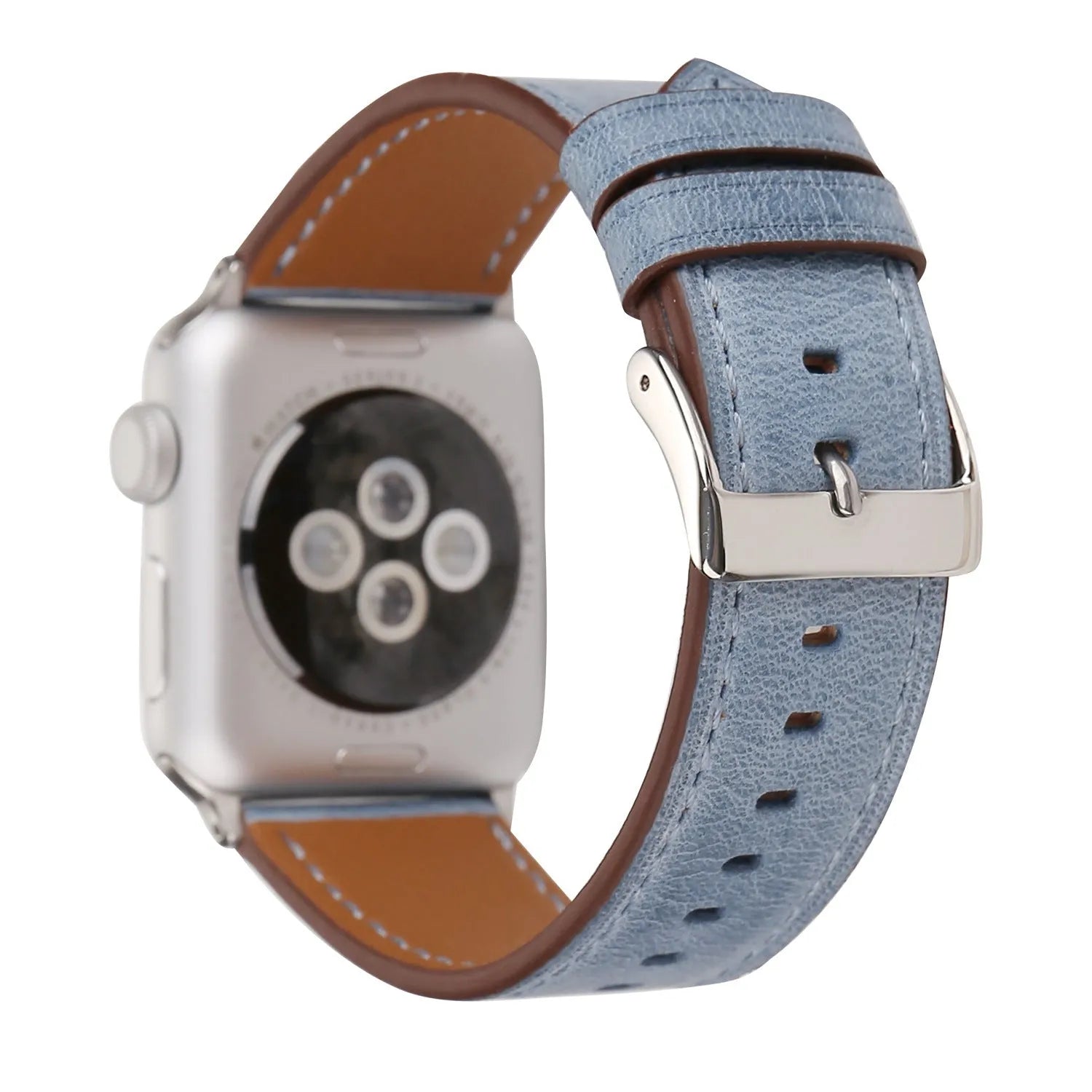 Leather watch strap with a folding buckle in blue, shown next to brown, green, orange, pink, and yellow colour options.