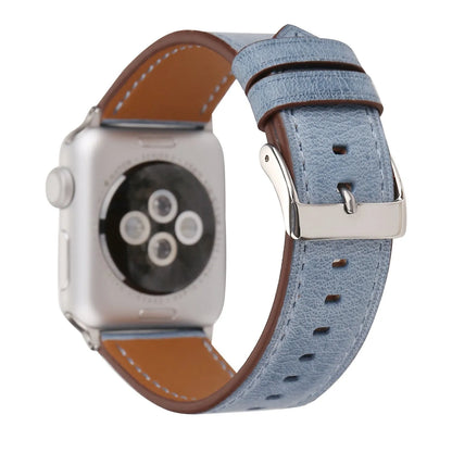 Leather watch strap with a folding buckle in blue, shown next to brown, green, orange, pink, and yellow colour options.