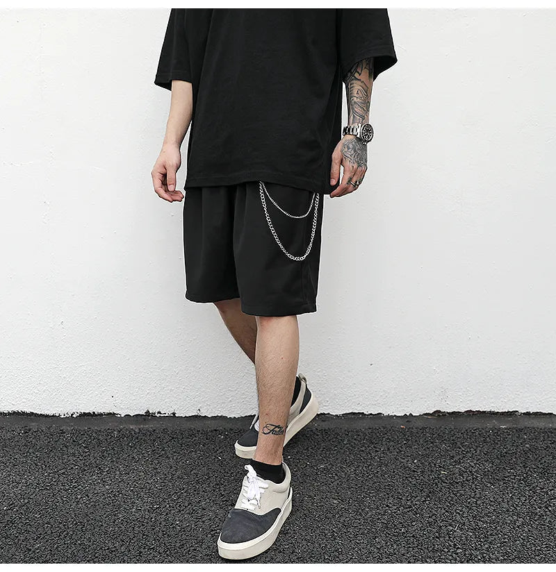 Black cotton trouser chain suit shorts with chain detail, available in sizes S M L XL