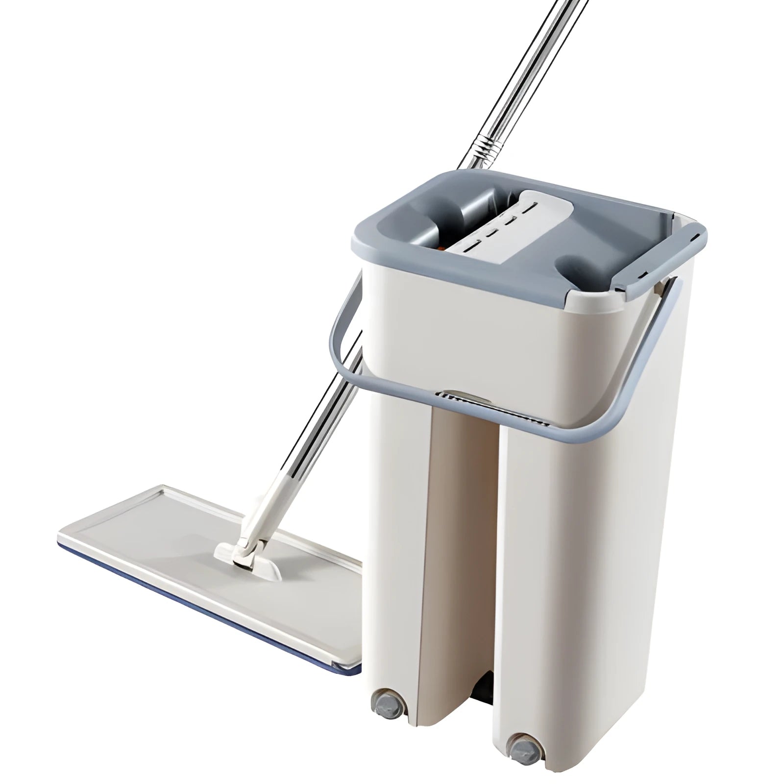 Blue flat floor mop with rotating head and microfiber pad beside plastic bucket for floor cleaning