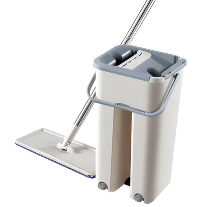 Blue flat floor mop with rotating head and microfiber pad beside plastic bucket for floor cleaning
