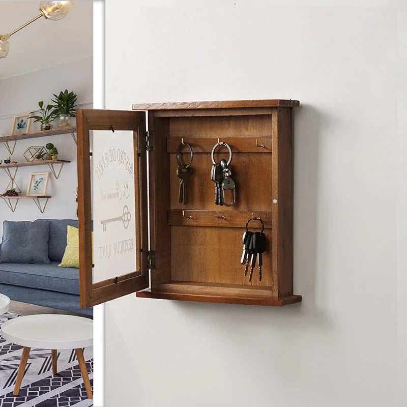 Vintage-style wooden key cabinet with 6 hanging hooks, available in blue and bronze colours