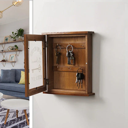 Vintage-style wooden key cabinet with 6 hanging hooks, available in blue and bronze colours