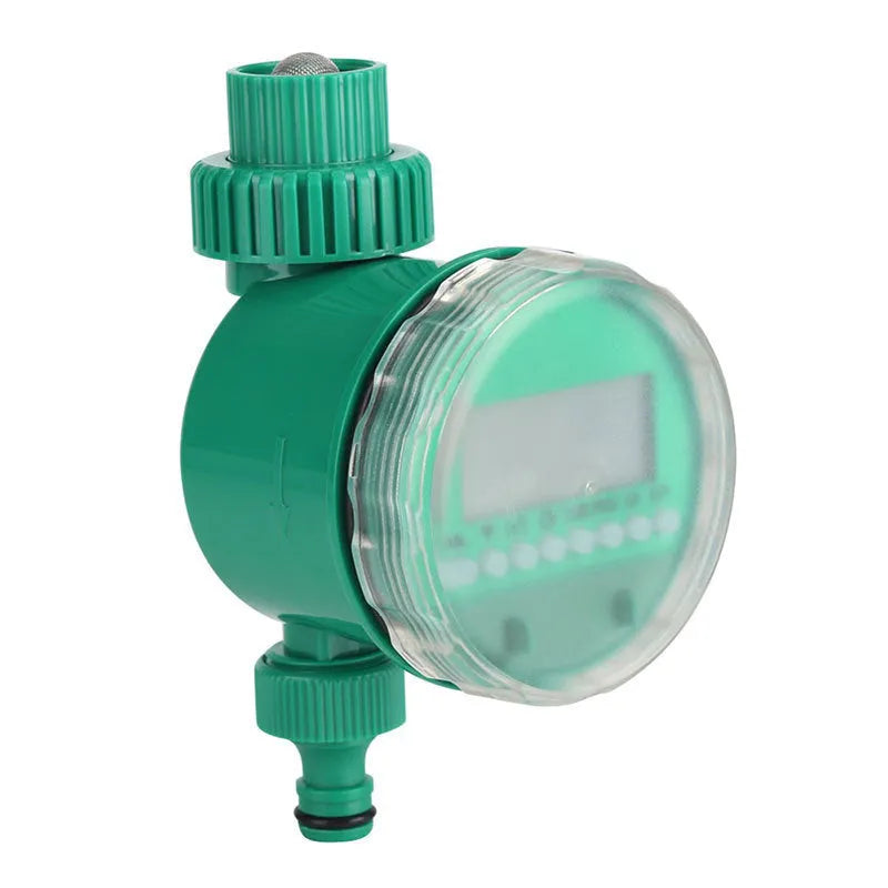 Green automatic watering timer for drip irrigation systems with household water flow compatibility