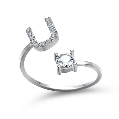 Personalized Initial Letter Crystal Ring with Adjustable Design in Gold, Silver, and Rose Gold Colors