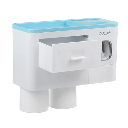 Non-marking hanging magnetic toothbrush holder with toothpaste squeezer and quick-drying cups