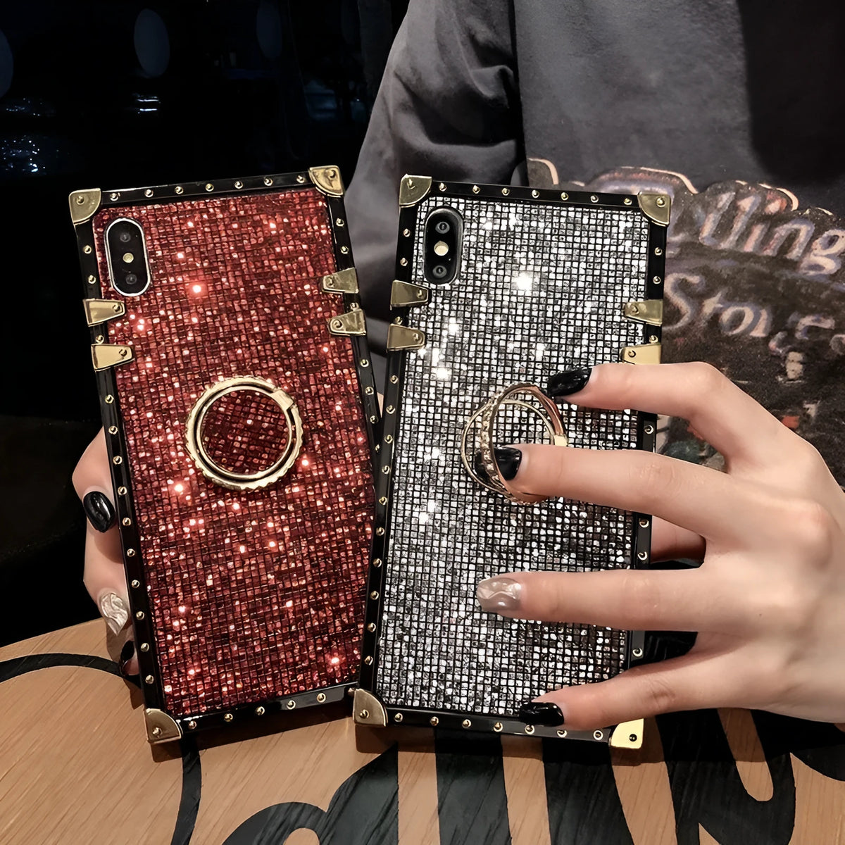 Square TPU mobile phone case in silver colour with a visible flash diamond bracket on the back