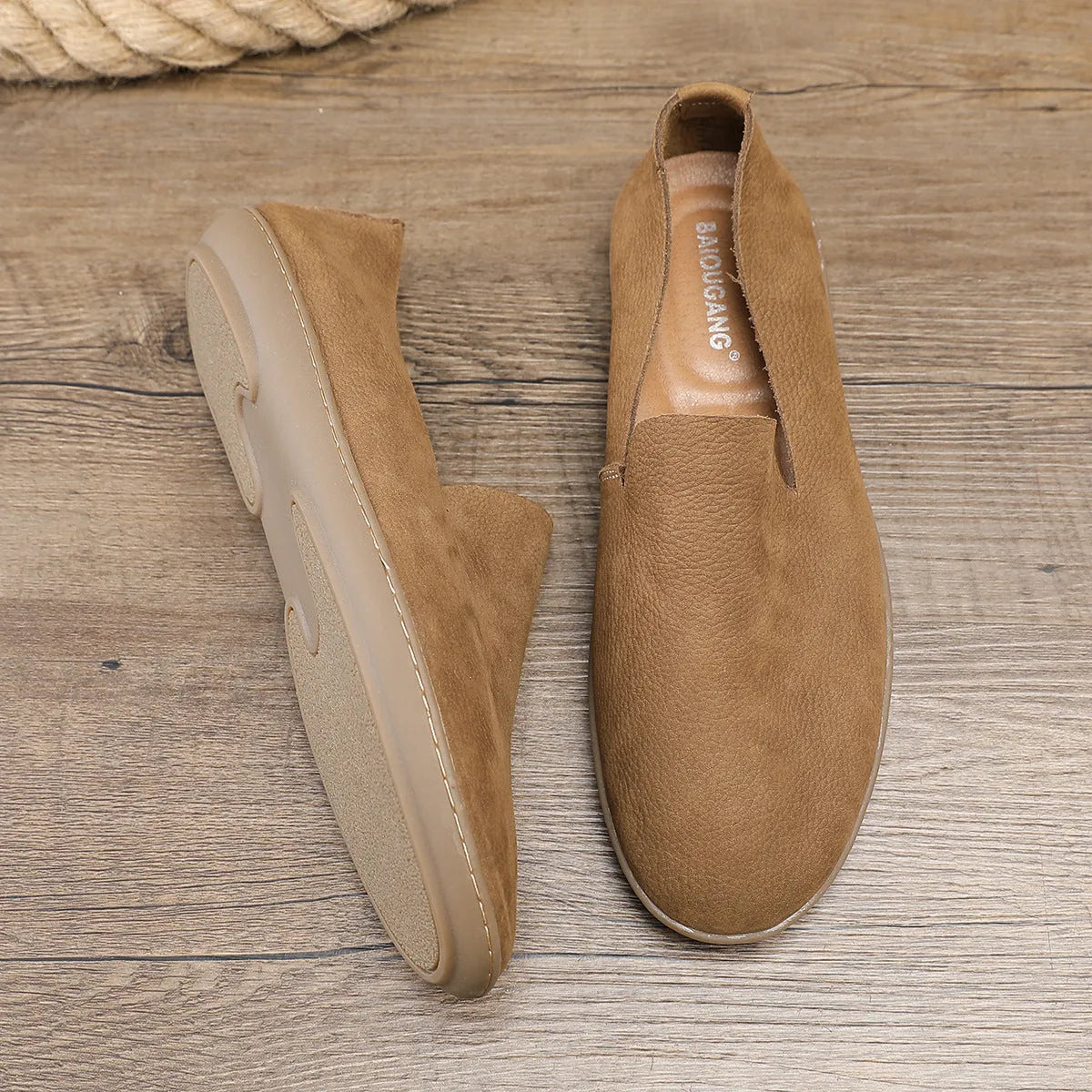 Men's handmade leather casual shoes in khaki colour with low top design and rubber sole
