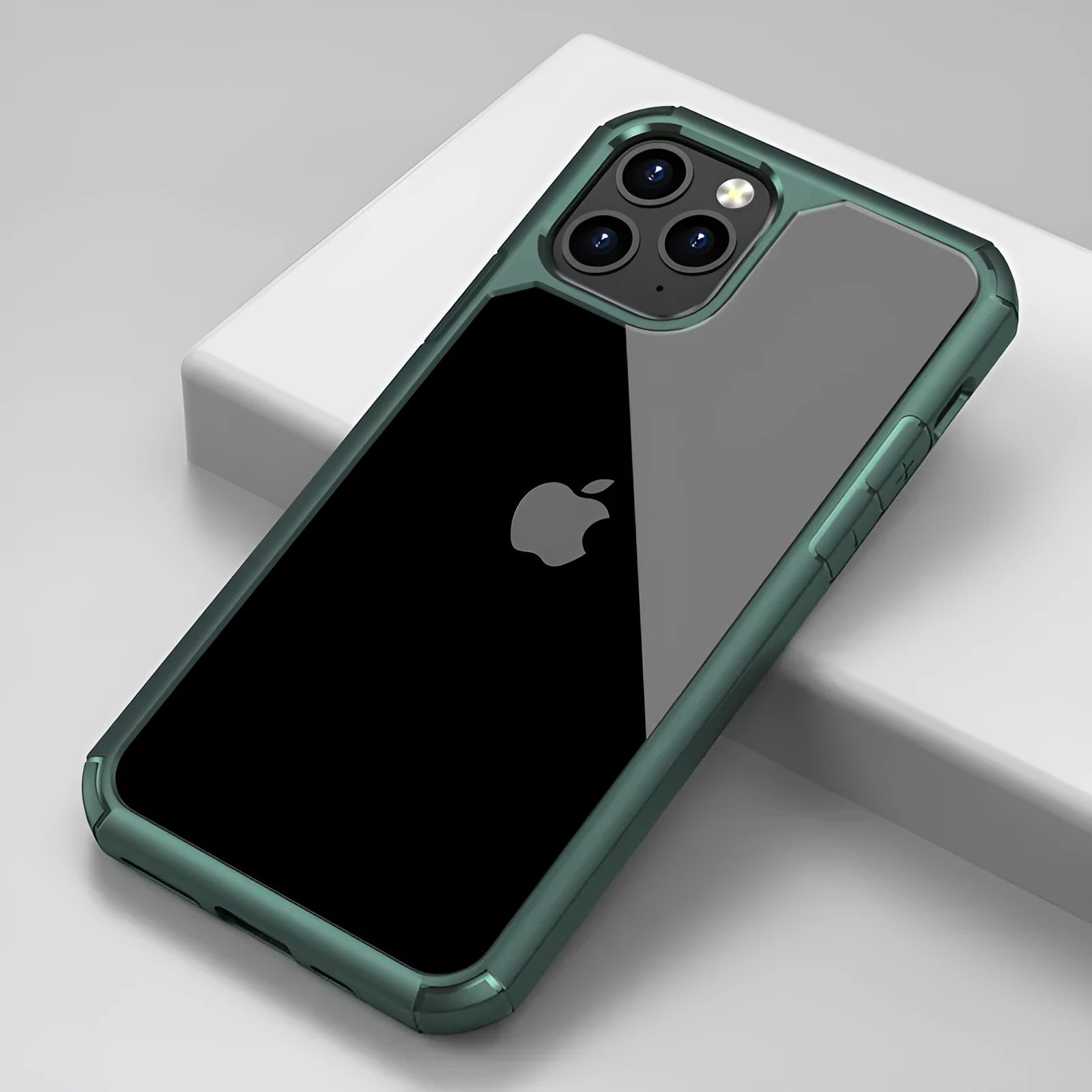 Transparent anti-fall phone case showing red, green and black colour options for iPhone and Samsung Galaxy models