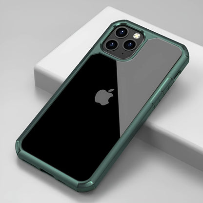 Transparent anti-fall phone case showing red, green and black colour options for iPhone and Samsung Galaxy models