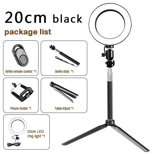 Adjustable tripod and ring light set with accessories for Apple device photography and videography