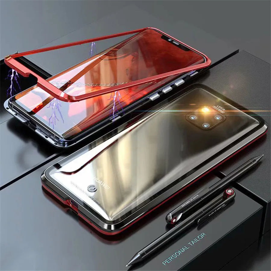Magnetic phone case with metal frame and 9H tempered glass back in black, blue, red, or white for Honor and Huawei phones
