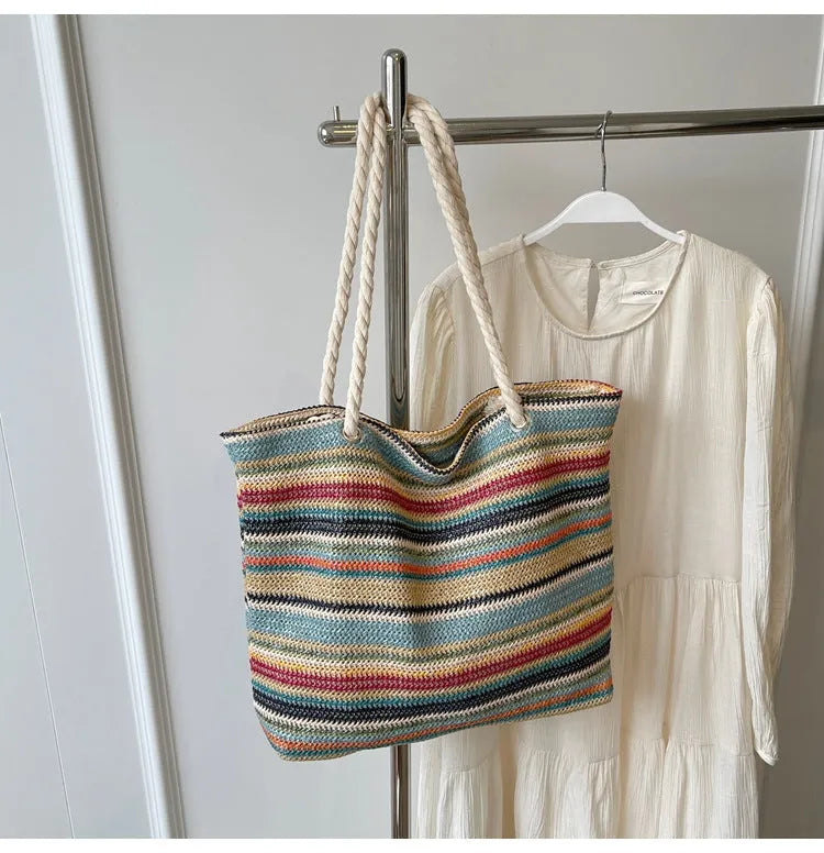 Blue woven nylon shoulder bag with large capacity and single shoulder strap