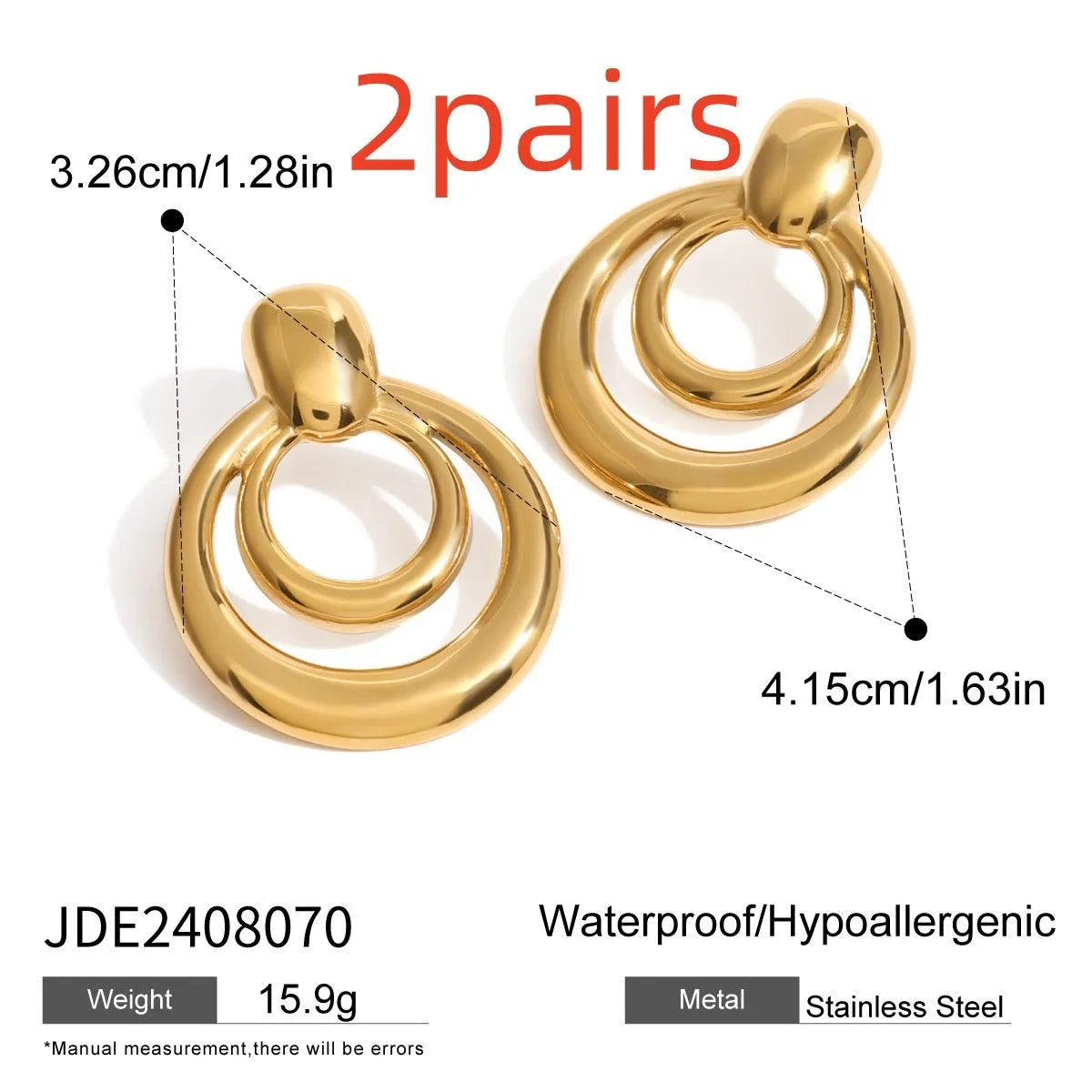 Round double layer hollow stud earrings with 18K gold electroplating on titanium steel, 12mm diameter