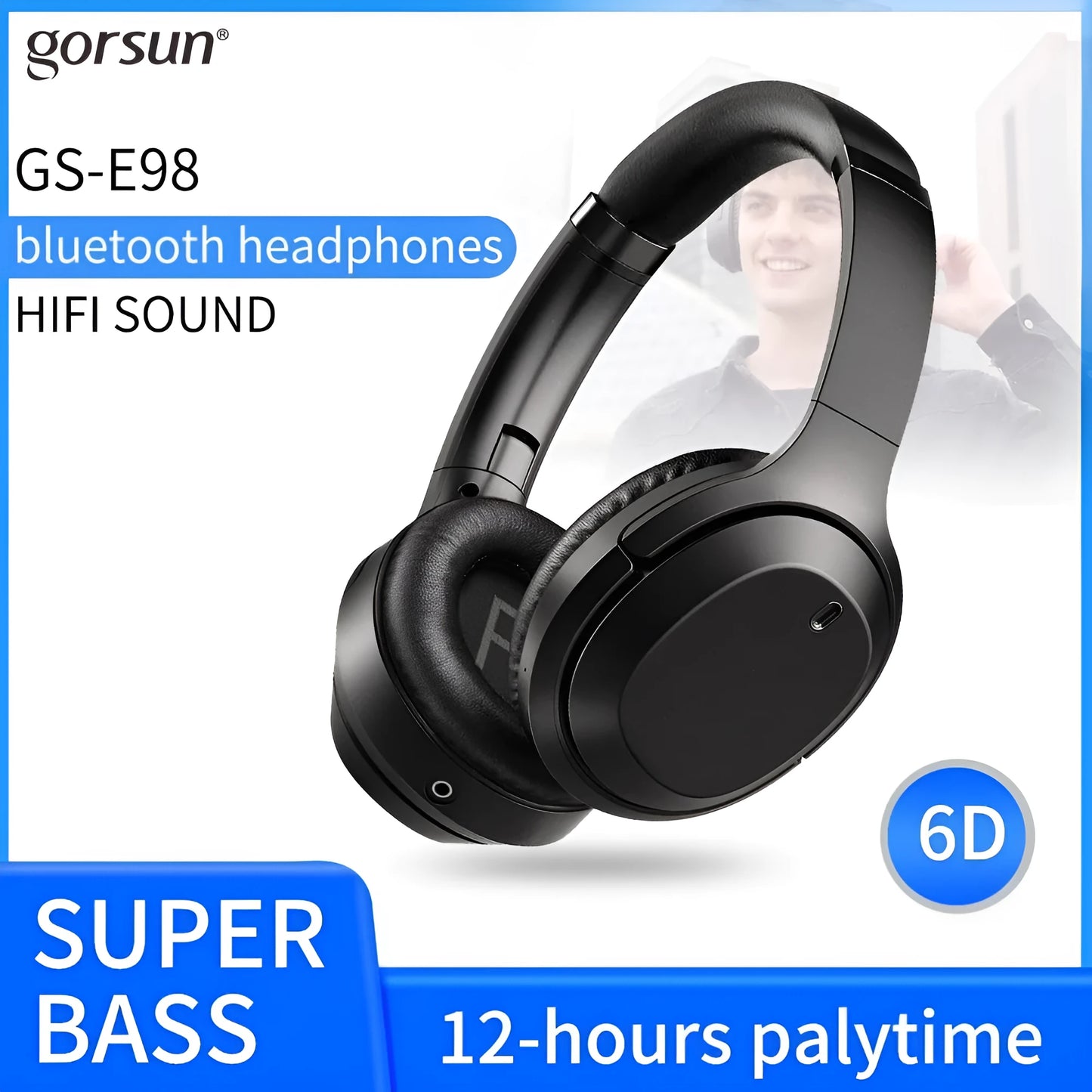 Black Gorsun E98 over-ear wireless Bluetooth headphones with memory-protein cushions and a stainless steel slider.