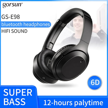 Black Gorsun E98 over-ear wireless Bluetooth headphones with memory-protein cushions and a stainless steel slider.