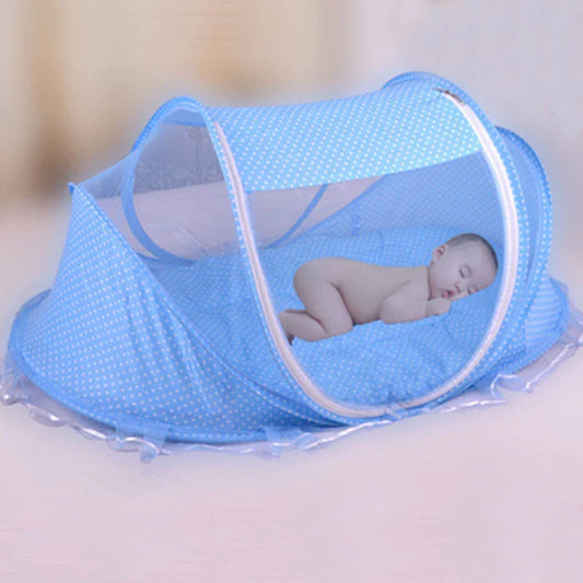 Breathable insect-free foldable baby travel cot with integrated mattress and pillow, available in blue, pink and blue-and-pink colour options