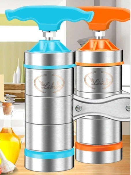 Compact stainless steel pasta maker with seven noodle moulds for making a variety of fresh homemade pasta shapes