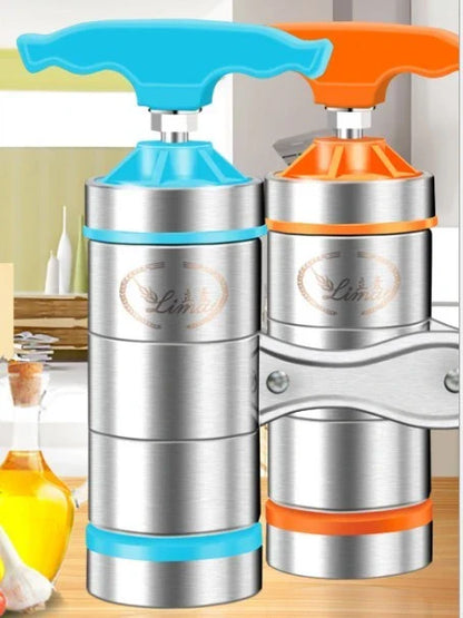 Compact stainless steel pasta maker with seven noodle moulds for making a variety of fresh homemade pasta shapes