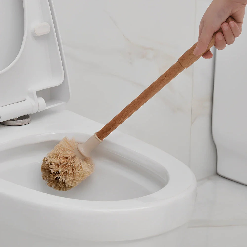 Wooden handle toilet brush with 360-degree bristle coverage for complete toilet cleaning