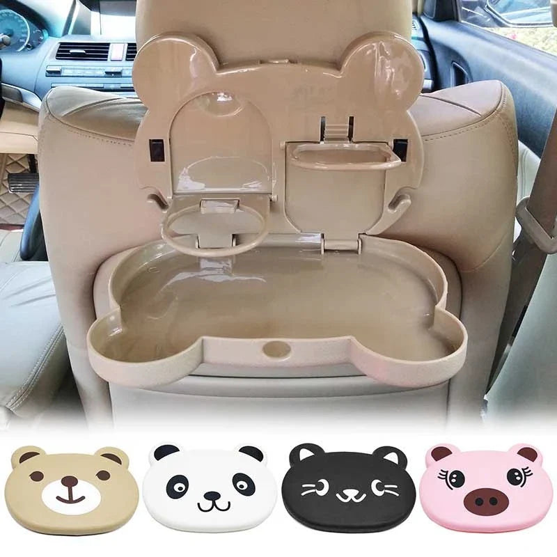 Adjustable car seat tray with spacious surface, side hooks, and compact design for in-vehicle use