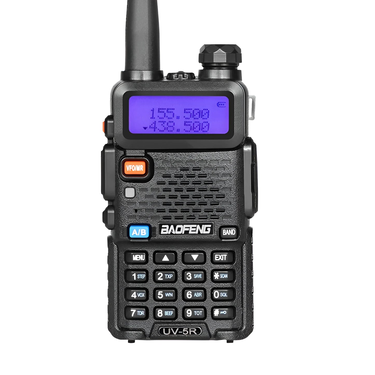 Black walkie talkie with antenna showing 128 channels and VHF/UHF frequency range for long-distance communication.