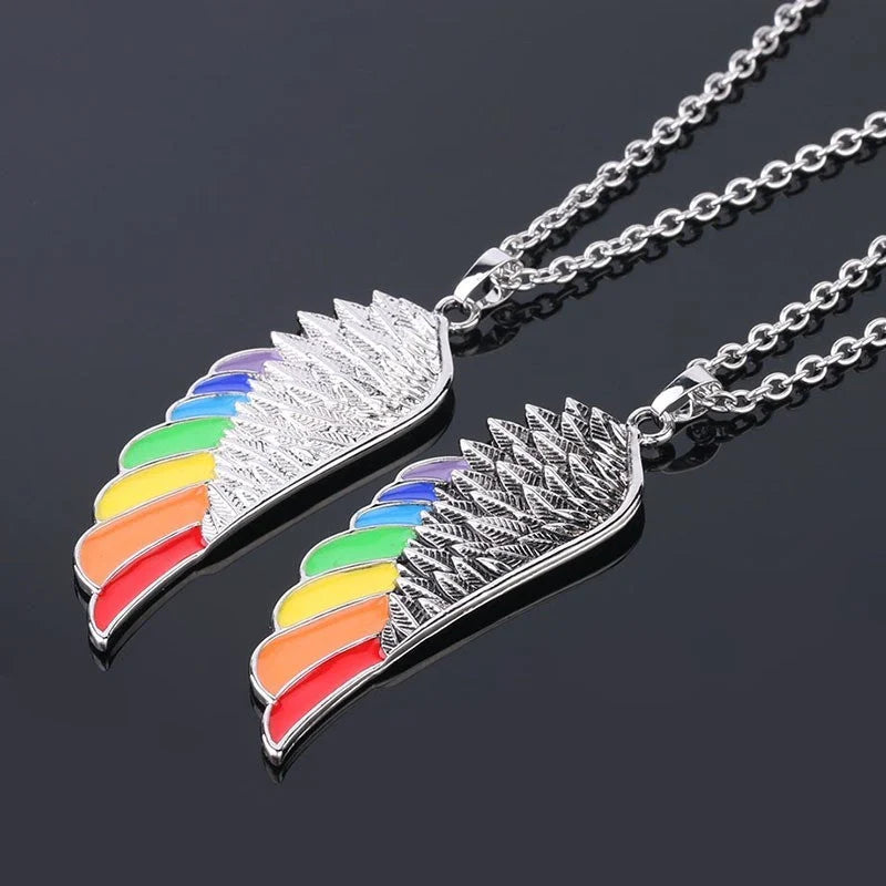 Stainless steel wing pendant necklace with natural stone, elegant unisex jewellery