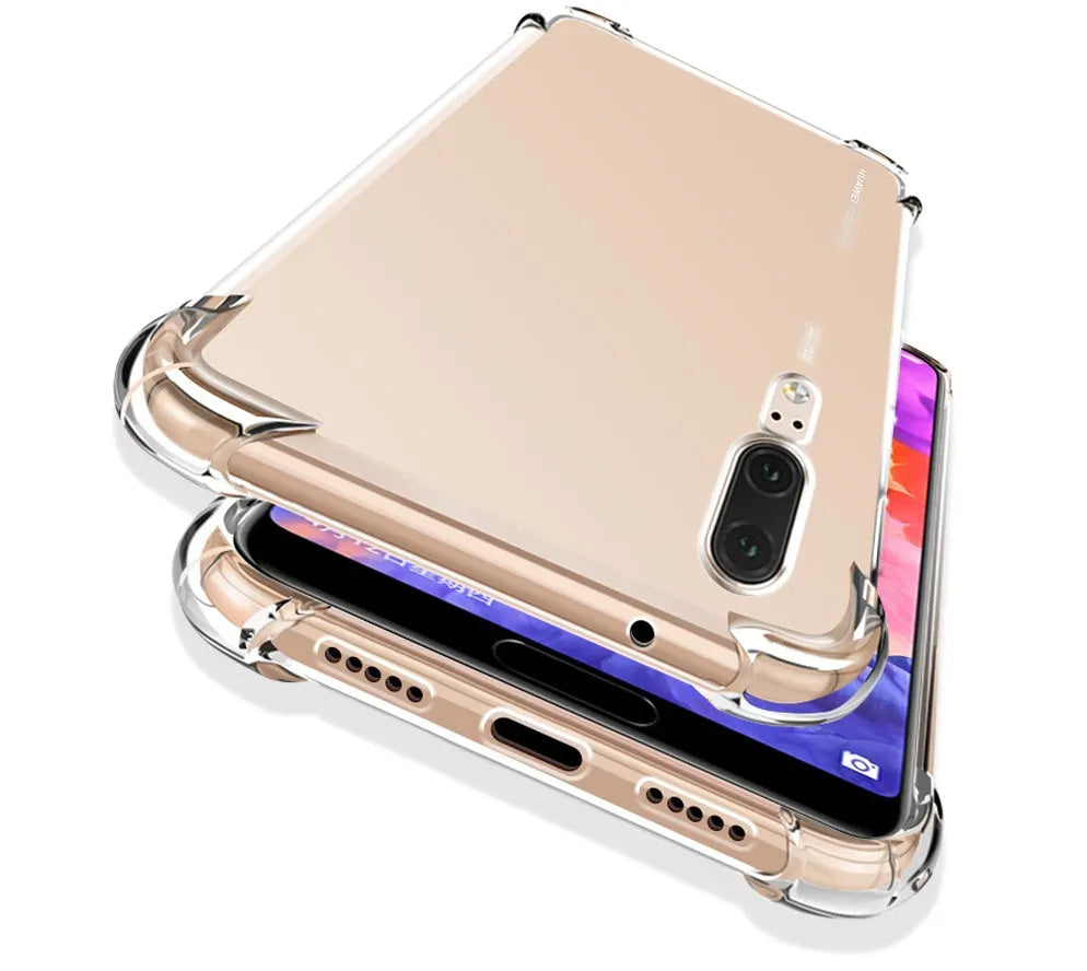 Transparent clear TPU phone case with airbag anti-fall protection on a Huawei P40 Pro smartphone.