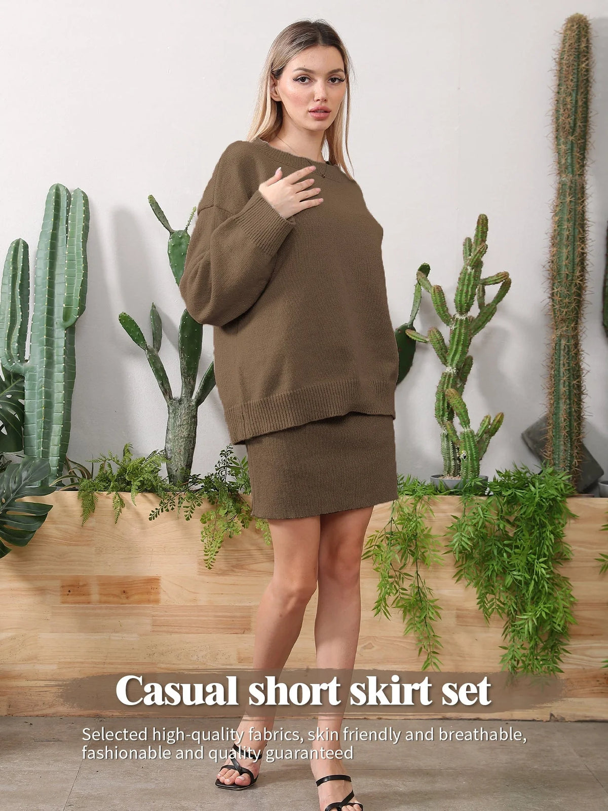 Women's home clothing set in brown camel, soil grey, and light grey