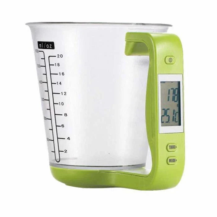 All-in-One Digital Measuring Cup and Kitchen Scale with LCD Display, Temperature Sensor, and Conversion Features