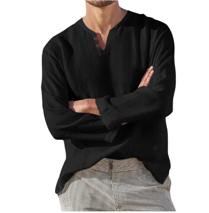 Men's cotton blend long sleeve V-neck casual shirt in blue, grey, black or apricot, sizes L to 5XL