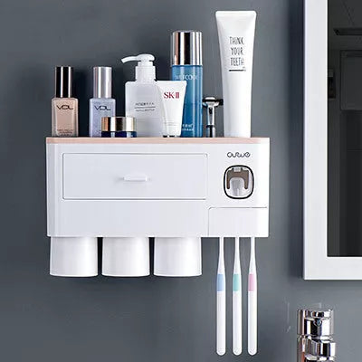 Non-marking hanging magnetic toothbrush holder with toothpaste squeezer and quick-drying cups