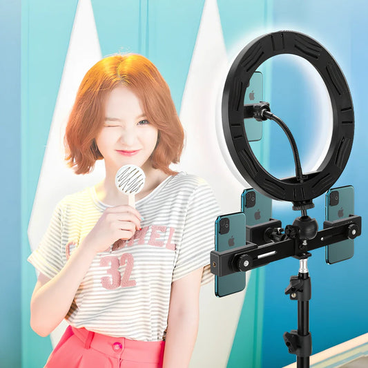 10-inch ring selfie light clipped to smartphone with 19cm metal bracket extended, rotatable for even face illumination