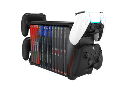 Black ABS PS5 disc holder with game slots and four controller storage compartments