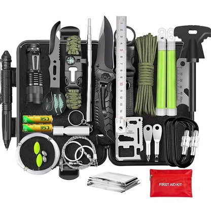Outdoor survival kit with alloy tools and plastic components in multiple colour options
