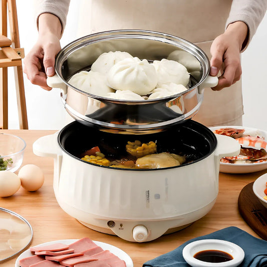 Beige 1.7L electric cooker with 20cm pot and 7cm steamer, 400/800W for boiling and steaming