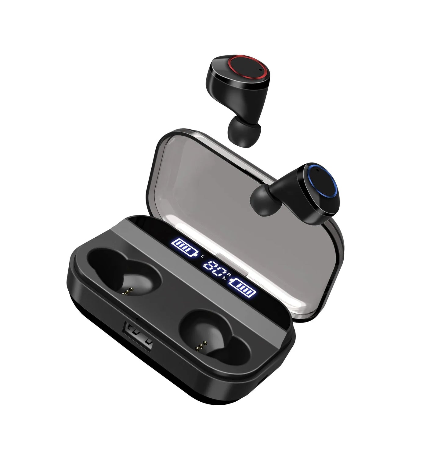 Black X11 true wireless Bluetooth earbuds with touch controls and a matching charging case.