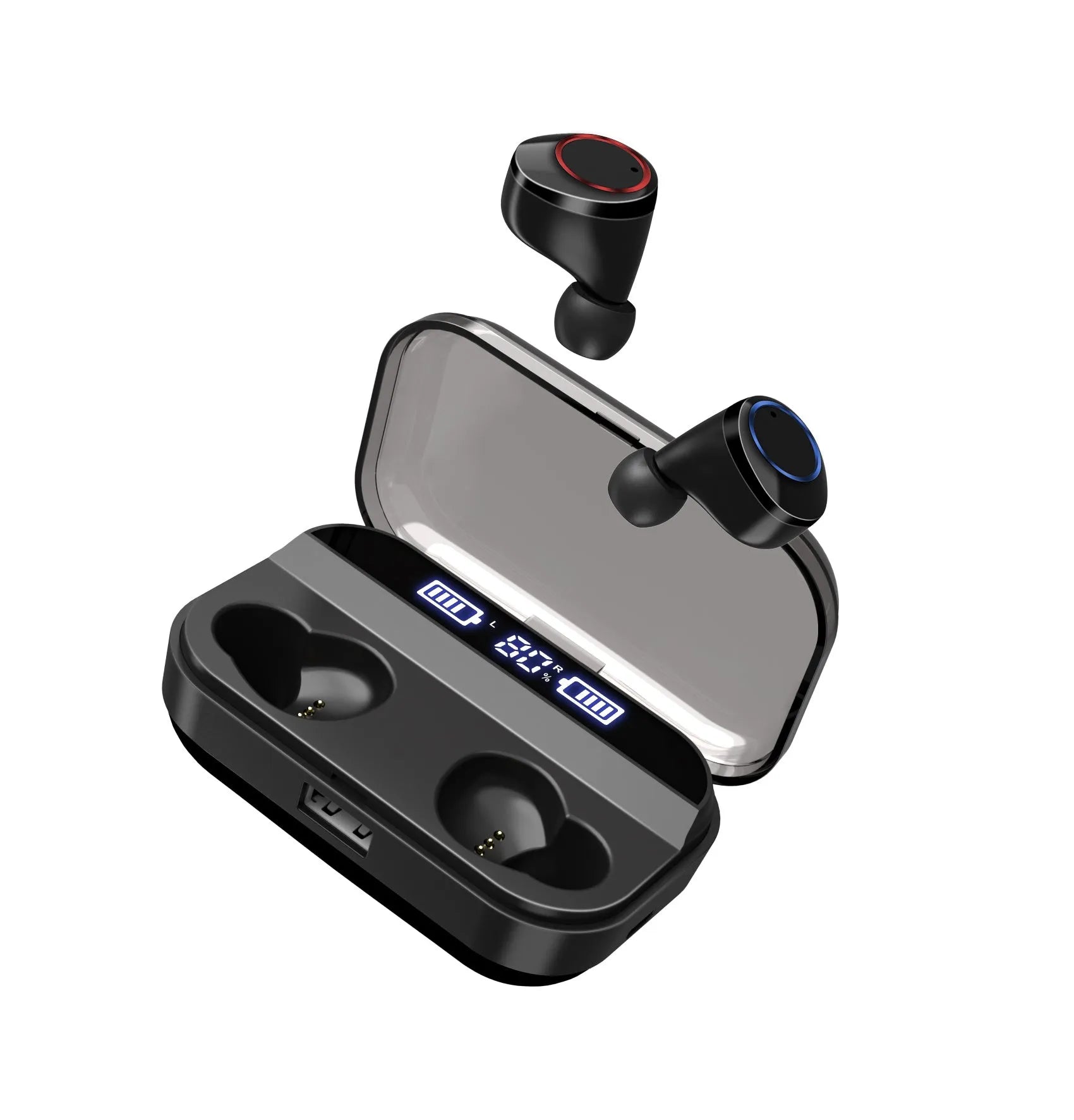 Black X11 true wireless Bluetooth earbuds with touch controls and a matching charging case.