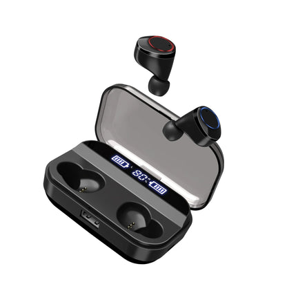 Black X11 true wireless Bluetooth earbuds with touch controls and a matching charging case.