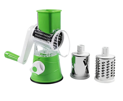 Hand drum rotary grater with stainless steel blades for vegetable preparation