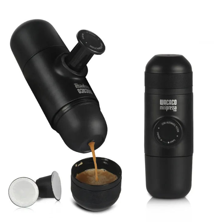 Black portable manual espresso machine with compact 6cm width, showing stainless steel components and manual pump for 8-bar pressure.