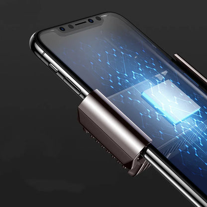 Black mobile phone radiator clip with ceramic cooling plate and aluminium alloy frame on a smartphone.