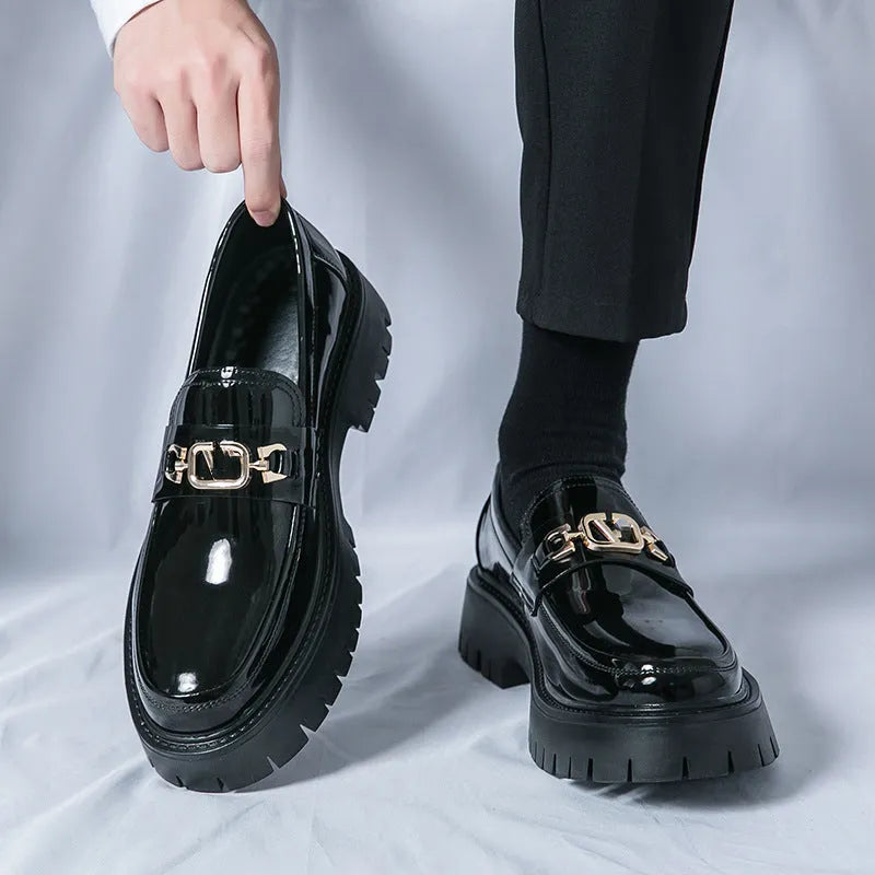 Men's black glossy platform loafers with hidden heel for summer casual wear