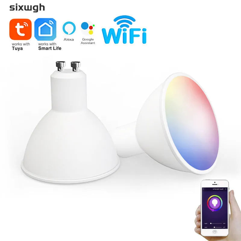 A white GU10 smart LED spotlight bulb with RGBCCT colour and Wi-Fi connectivity.