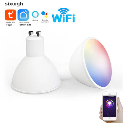 A white GU10 smart LED spotlight bulb with RGBCCT colour and Wi-Fi connectivity.