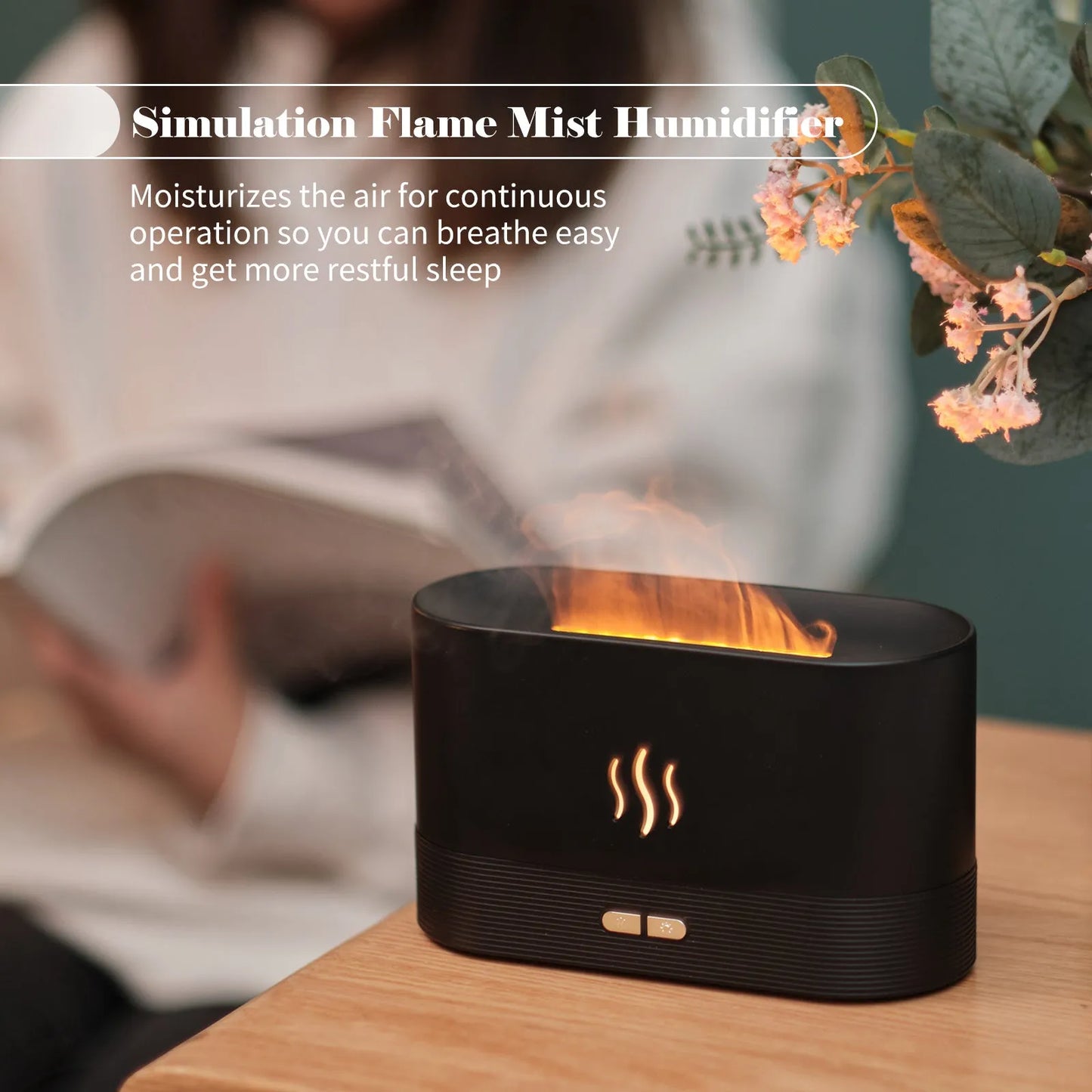 Black square ultrasonic aroma diffuser with flame light effect and mist output.
