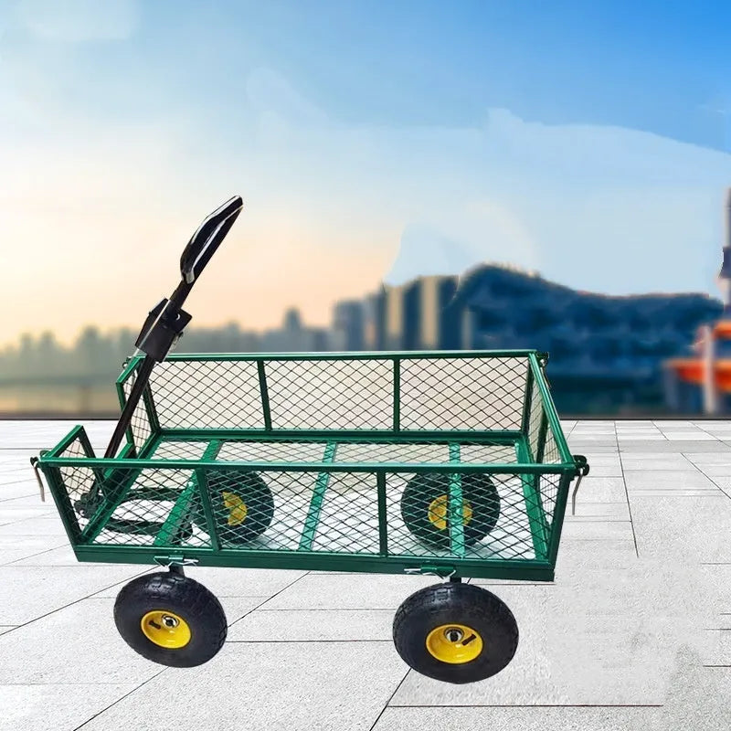 Green four-wheel hand push trolley with iron frame and terrain rubber wheels for 350kg load capacity