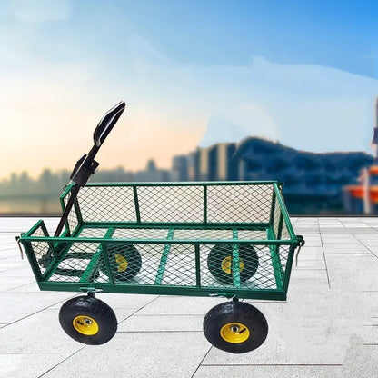 Green four-wheel hand push trolley with iron frame and terrain rubber wheels for 350kg load capacity