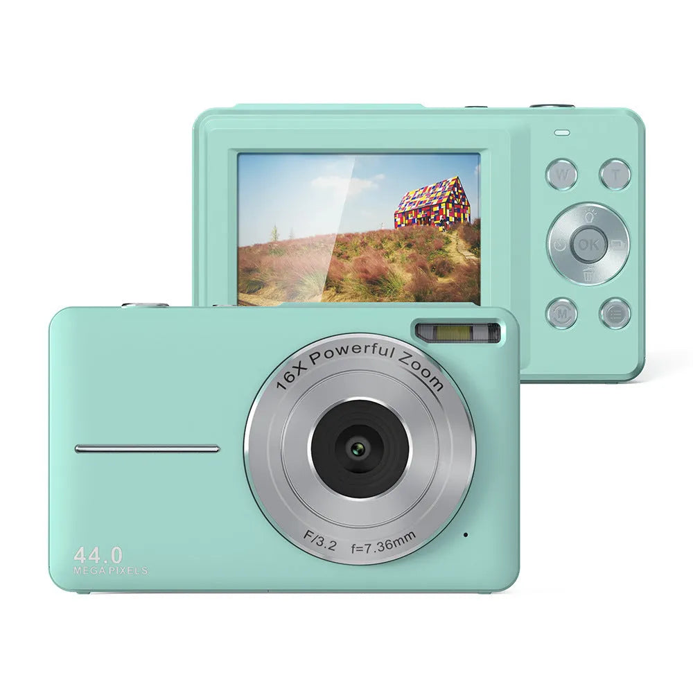 Colourful children's mini digital camera with large screen, showing black, pink and green options with lanyard.