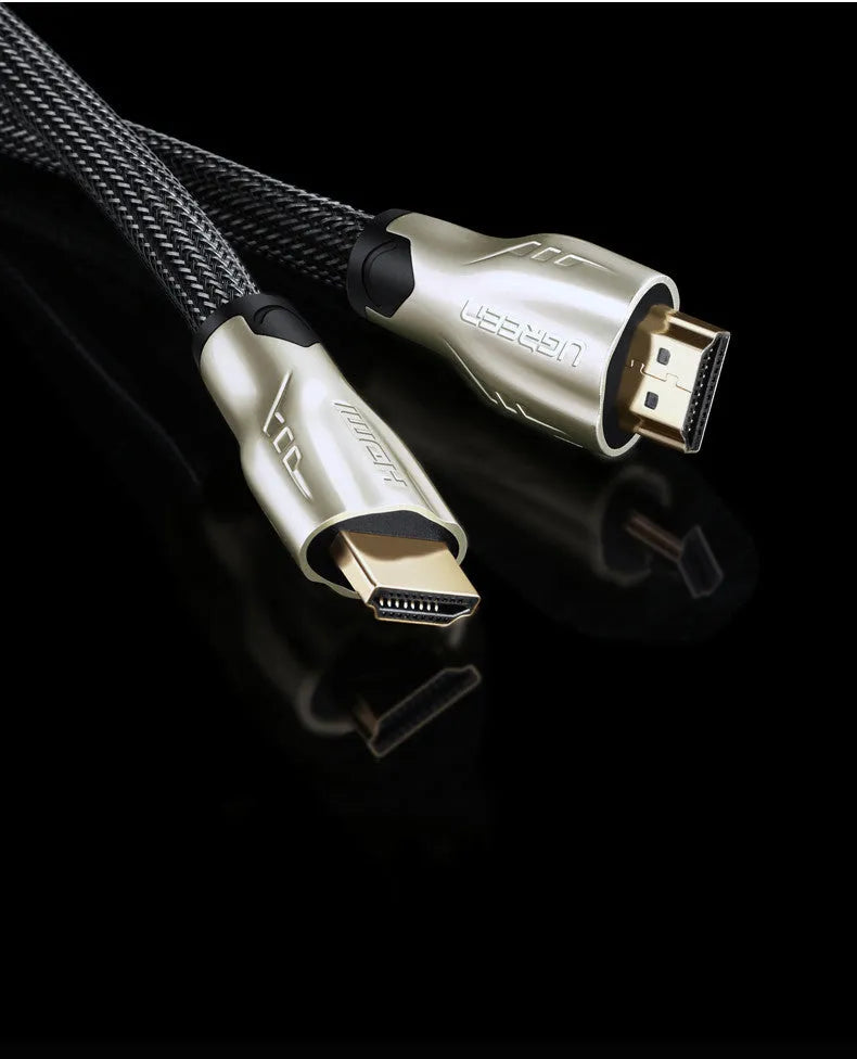 Version 2.0 4K HDMI cable with gold-plated connectors and black PVC outer cover showing length options